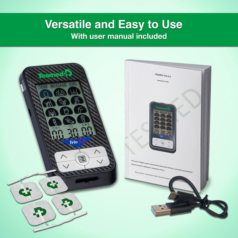 TESMED Trio 6.5 TENS Unit & EMS Muscle Stimulator, USB Rechargeable | 36 programs, 40 intensity levels and 4 electrodes for fitness, massage, pain relief and therapy.