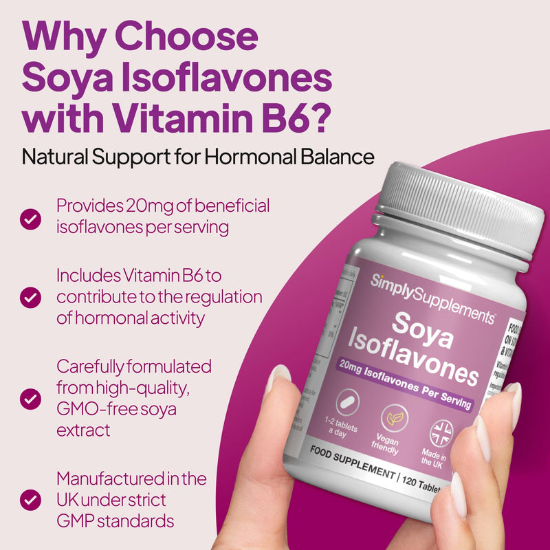 SOYA Isoflavones | Supports Hormonal Balance with Vitamin B6 | Potent Daily Formula | Vegan and Vegetarian Friendly | 120 Tablets = 2 Months’ Supply | Manufactured in The UK Unflavoured 1 count (Pack of 120)