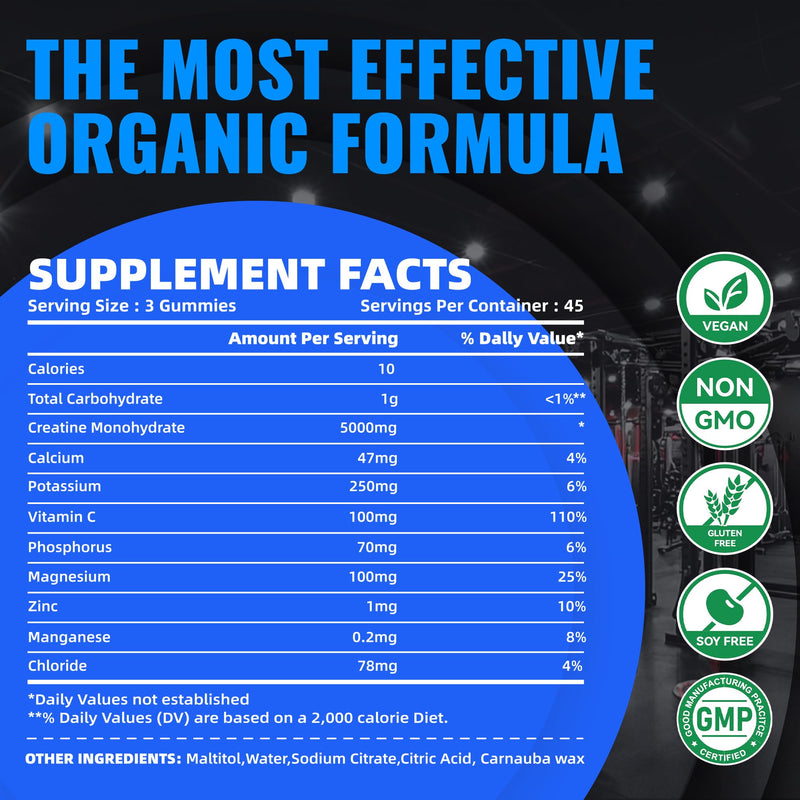 [Australia] - Creatine Monohydrate Gummies (5g) ‚Äì Pre-Workout Energy & Muscle Growth Support for Men & Women | Blueberry Electrolyte Gummies (135 Count) 135 Count (Pack of 1) 