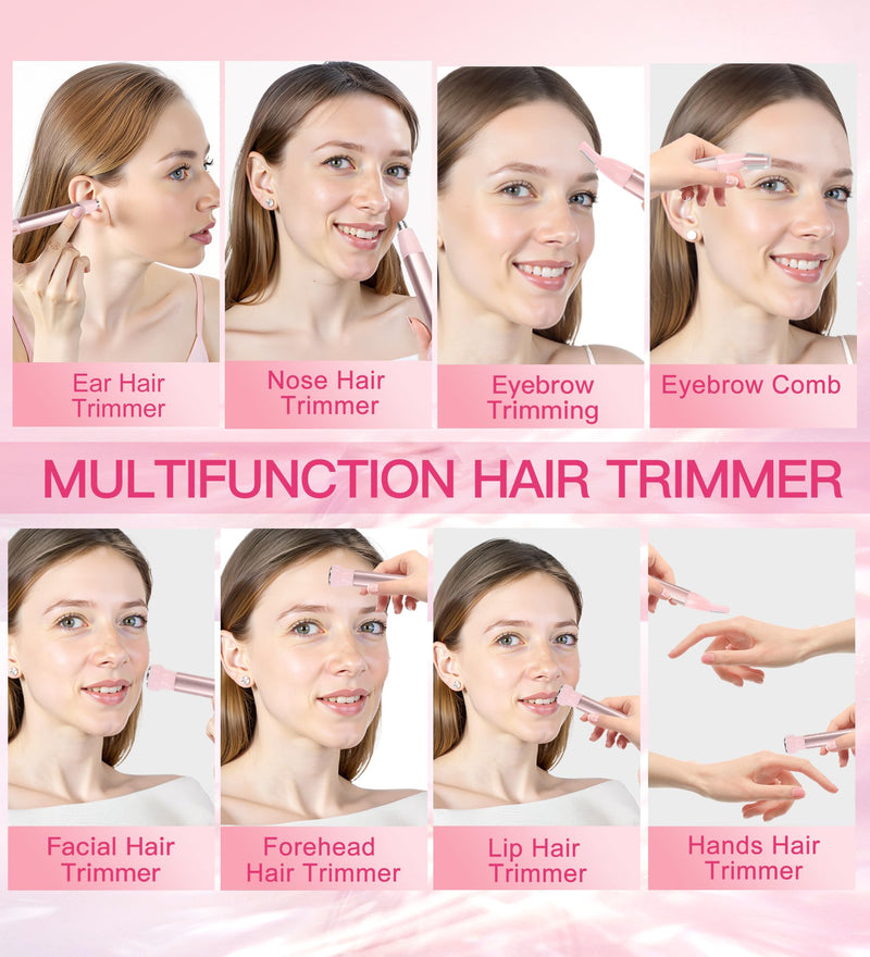 Nose Hair Trimmer for Women 3in1 Facial Hair Removal Trimmers- Rechargeable, Waterproof, Portable with Travel Bag- Trims Nose, Ear, Eyebrow, Peach-Fuzz, Lips, Chin Face Hair Remover FT2003 (Pink)