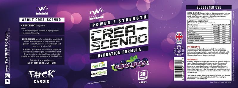 TWP Nutrition Platinum Series Crea-Scendo Creatine Powder, 470g / 250g and 50/30 Servings, 5 Great Flavours (Beena Berry, 470g) Beena Berry