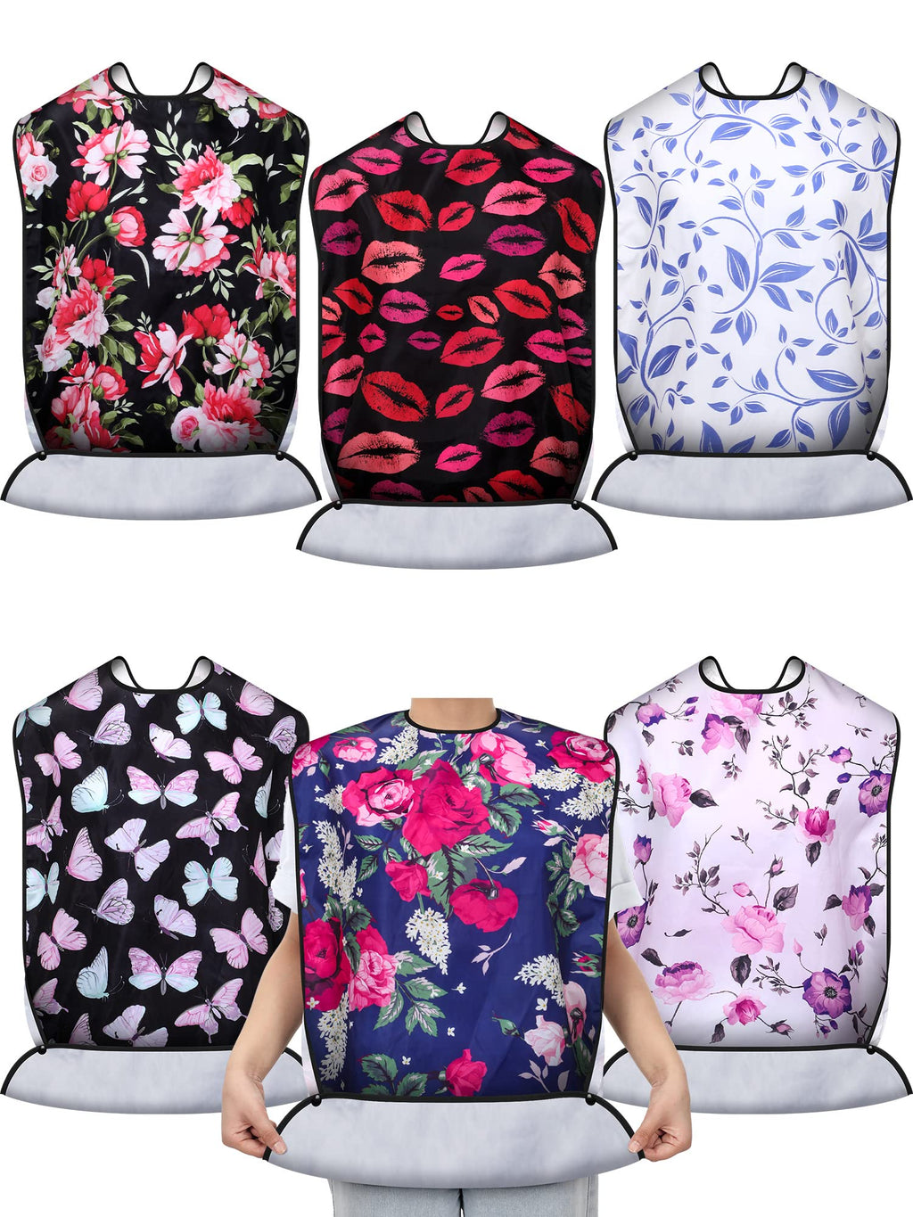 6 Pcs Adult Bibs for Eating with Crumb Catcher Washable Eating Bib Flower Butterfly Reusable Waterproof Clothing Protector Cute Pattern