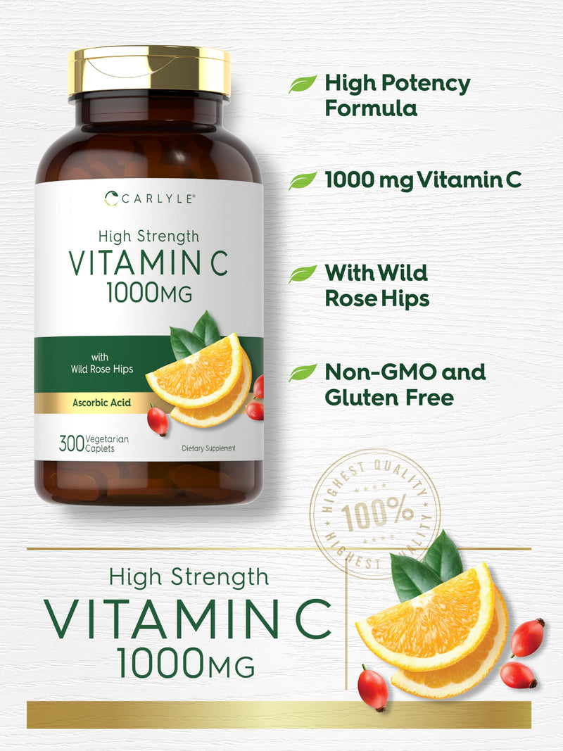 [Australia] - Carlyle Vitamin C 1000mg | 300 Vegetarian Caplets | Ascorbic Acid with Wild Rose HIPS | High Strength Formula | Non-GMO and Gluten Free Supplement 300 Count (Pack of 1) 
