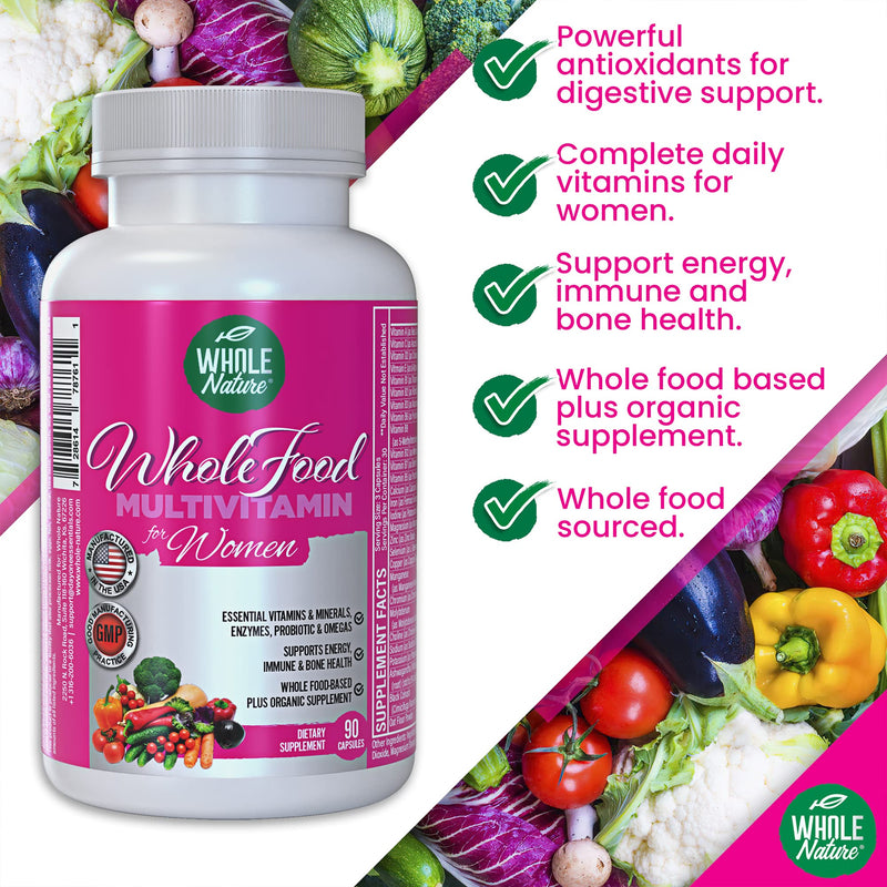 Whole Food Multivitamin for Women Womens Multi Vitamin with Folate, B12 Methyl, Vitamins, Minerals, Probiotics and Omegas, Vegan, Non GMO- 90 Capsules (1) (1) 1