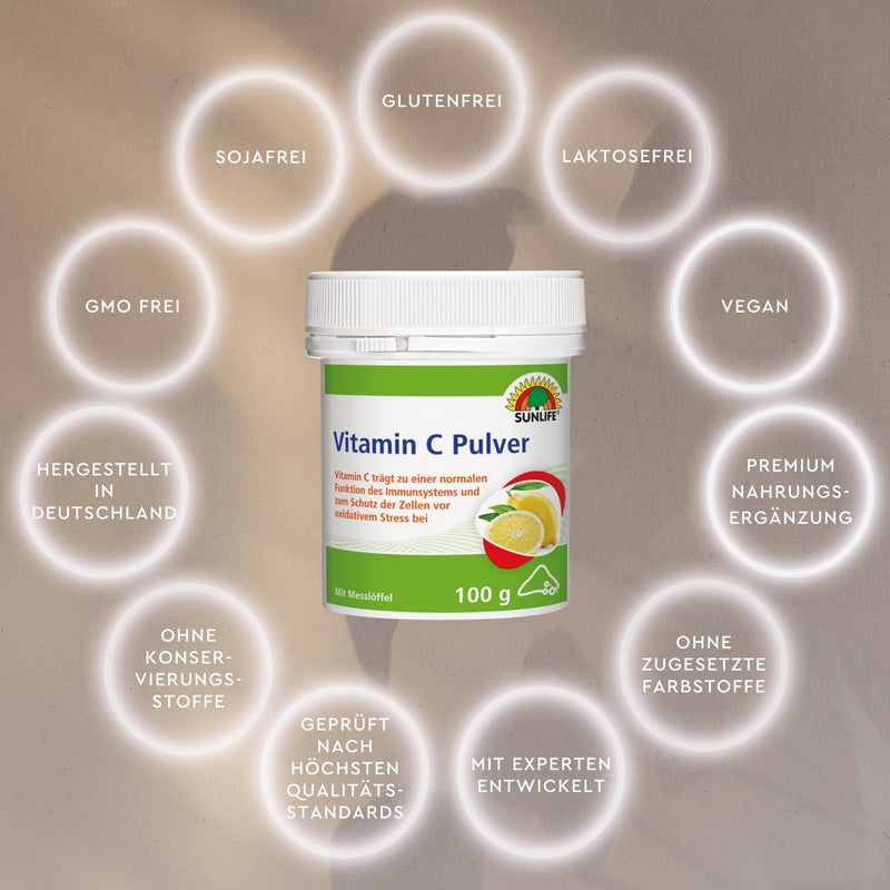 [Australia] - SUNLIFE Vitamin C powder high dosage 100 g - Vitamin C powder with lemon flavor - Pure L-ascorbic acid powder - Nutritional supplement for immune system & cell protection - Vitamin powder with measuring spoon 