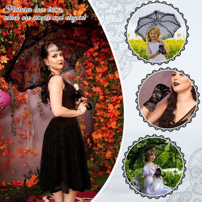Lace Parasol Umbrella and Lace Gloves Set Wedding Bridal Umbrella for Decoration Tea Party Costume 31.5 Inch Adult Size Black