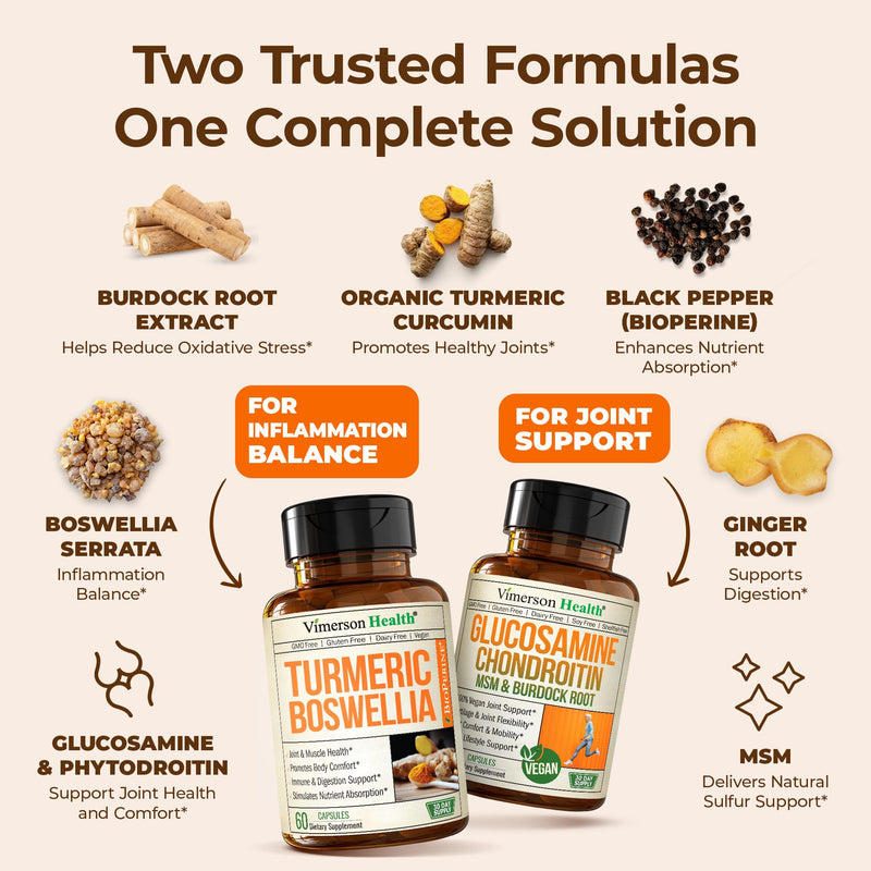 [Australia] - Joint Support Bundle ‚Äì 2-Pack Organic Turmeric Supplement with 95% Curcuminoids + 65% Boswellia Extract, Ginger Root & Black Pepper (BioPerine) + Vegan Glucosamine Chondroitin MSM ‚Äì 60 + 90 Capsules 
