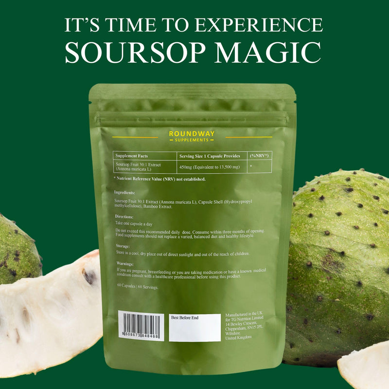 Soursop Graviola Capsules | Extra High Strength 13500mg 30:1 Extract Per Serving by Roundway Supplements | Potent Antioxidant, 2 Month Supply. Made in the UK - 60 Vegan Capsules 60 count (Pack of 1)