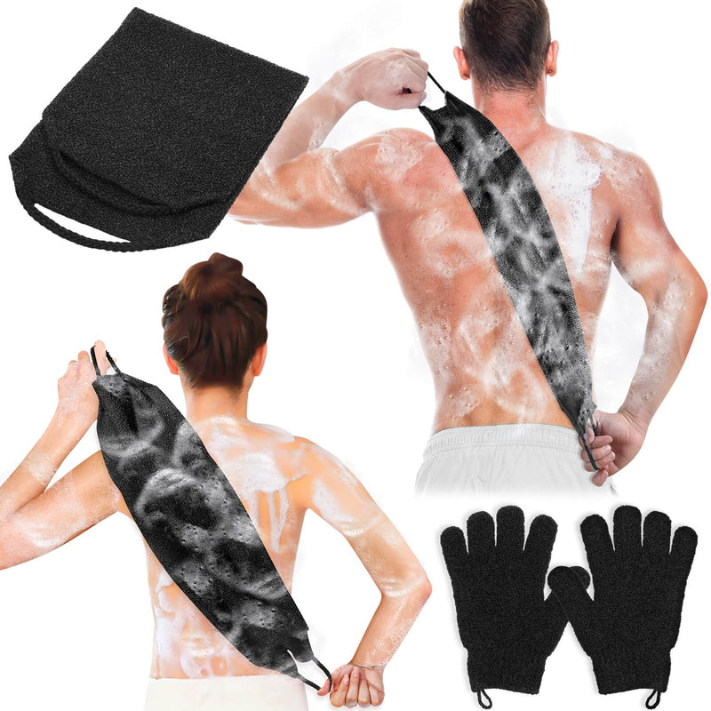 [Australia] - Anezus Exfoliating Back Scrubber Bath Gloves Set, Exfoliating Shower Towel with Shower Gloves for Body Scrub, Back Cleaner, Washing Gloves for Removing Dead Skin (Black) Black 