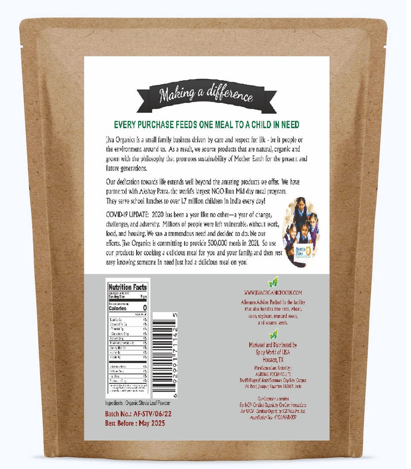 [Australia] - Jiva Organics Natural Unprocessed Stevia Leaf Powder 1 Pound Bulk Kraft Bag - Product of India - Green Color, Original Stevia Leaf Ground with no additives 