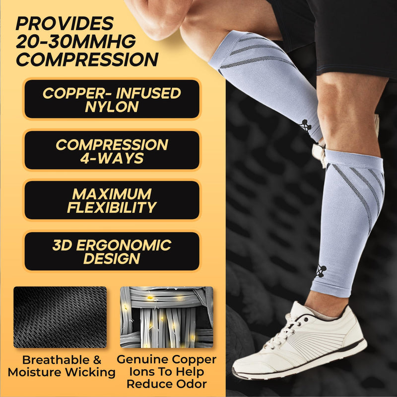 CopperJoint Running Calf Compression Sleeve Women – Easy-On Footless Calf Compression Sleeves for Men, Support Mens Leg Sleeves for Runners, Basketball, Sports, Copper Infused Nylon - Grey, Large