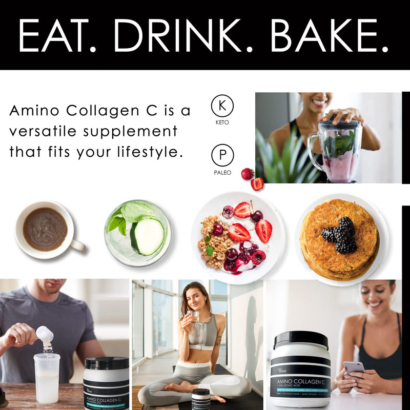 Amino Collagen C with Hyaluronic Acid (60 Servings 16oz_456g) - Non-GMO Marine Collagen Peptides - Hydrolyzed Powder - Unflavored - No Sugar - for Firm Skin, Hydration, and reducing fine Lines