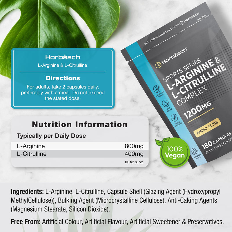 L Arginine and L Citrulline 1200mg Capsules | 180 Count | Amino Acids | Supplements for Men and Women | Suitable for Vegans & Vegeterians | by Horbaach