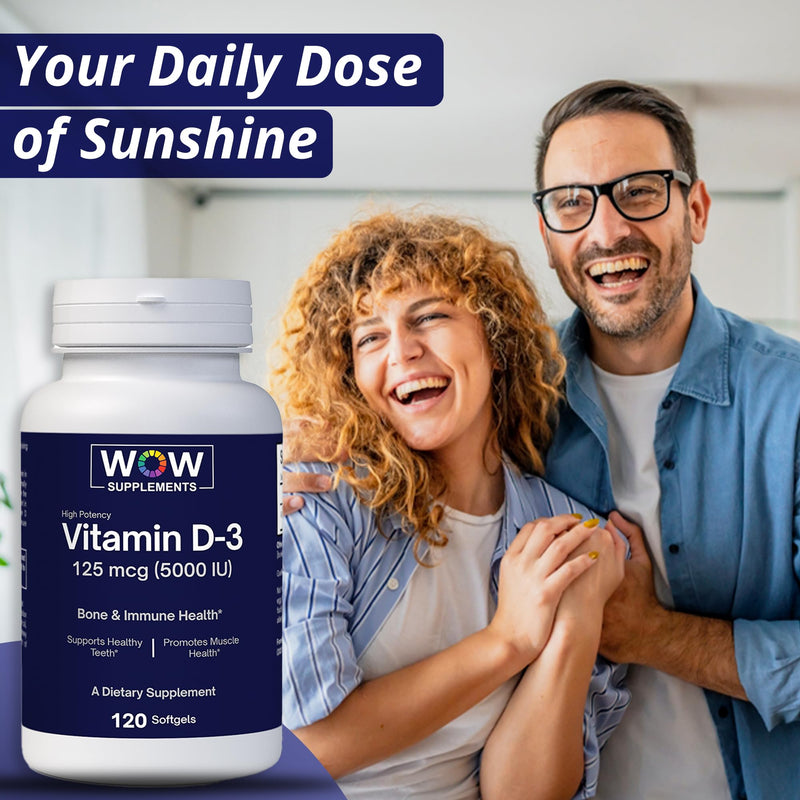 WOW Supplements Vitamin D3 5000 IU Softgels, 125 mcg - Vitamin D3 5000IU Supplement for Strong Bones and Immune Support - Non-GMO, Gluten Free Vitamin D 125 mcg - VIT D3 5000 IU Softgels - 120 Count