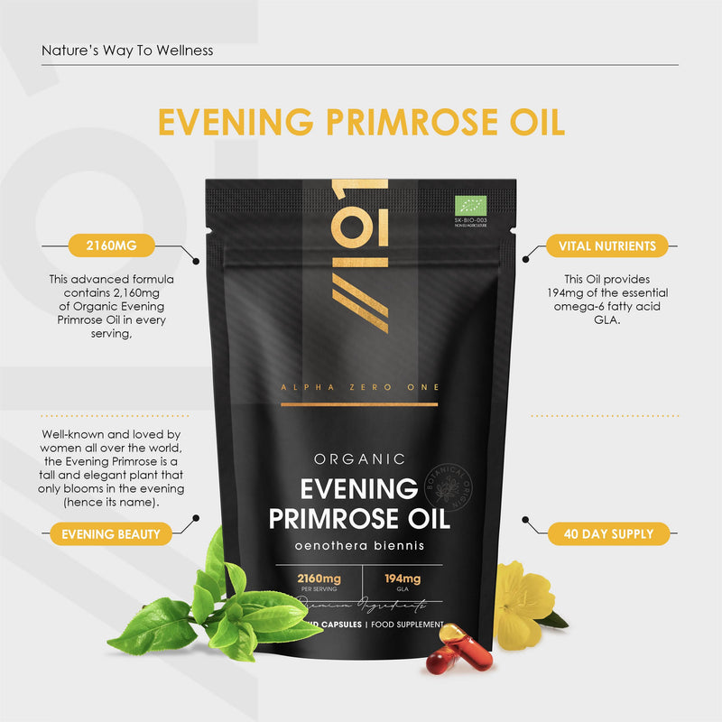 Organic Evening Primrose Oil 2160mg – 195mg GLA – 120 Vegan Liquid Capsules – Cold-Pressed Rich Source of Omega 6 – Resealable and Recyclable Pouch by Alpha01 1 count (Pack of 120)