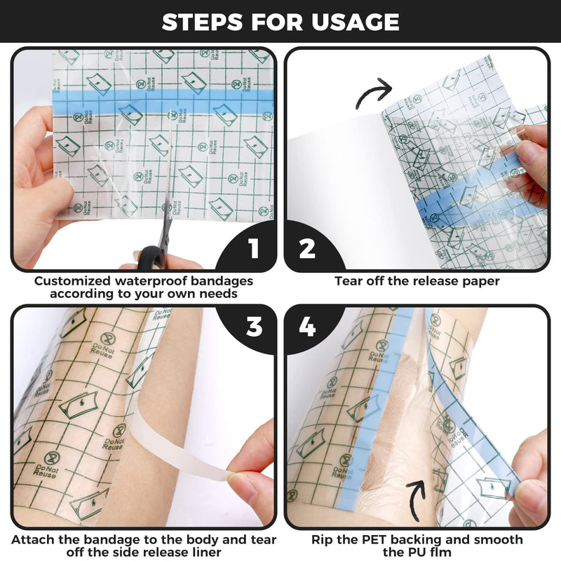 [Australia] - Tattoo Aftercare Waterproof Bandages, 6" x 4.4 Yard Tattoo Cover Up Tape, Tattoo Supplies Second Skin Transparent Film Healing Protective Clear Sterile and Safe Bandages 4 Rolls (6" x 1.1 Yard/Roll) 