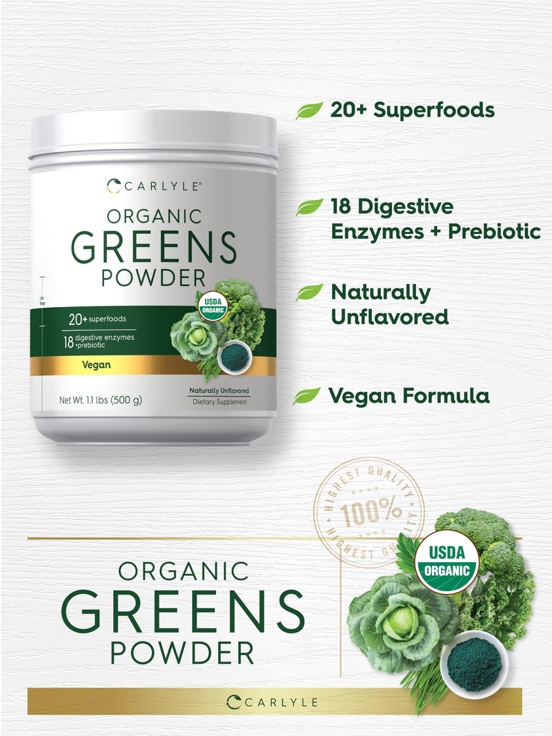 Carlyle Organic Greens Powder | 17.6 oz Supplement | For Occasional Gas, Discomfort & Bloating | 20+ Superfoods, 18 Digestive Enzymes & Prebiotics | Vegan, Non-GMO & Gluten Free