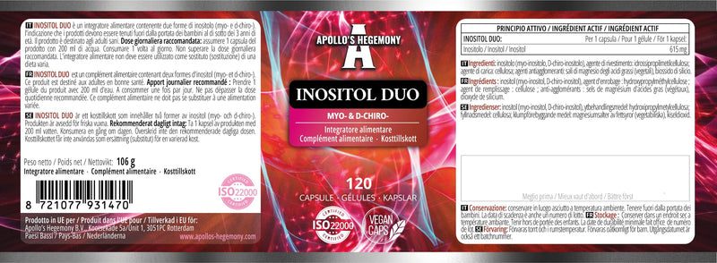 Inositol Duo 120 Vegan Capsules - Myo-Inositol + D-Chiro-inositol - 615 mg per Capsule - 4 Months Supply - Vitamin B8 Supplement - by Apollo's Hegemony