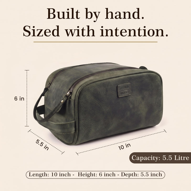 LEATHER VILLAGE Leather Toiletry Bag for Men, Travel Dopp Kit Shaving Bag | Full grain buffalo leather, water-resistant lining, 10x6x6 in, YKK zippers, side handle, travel shaving & grooming kit -Olive Olive