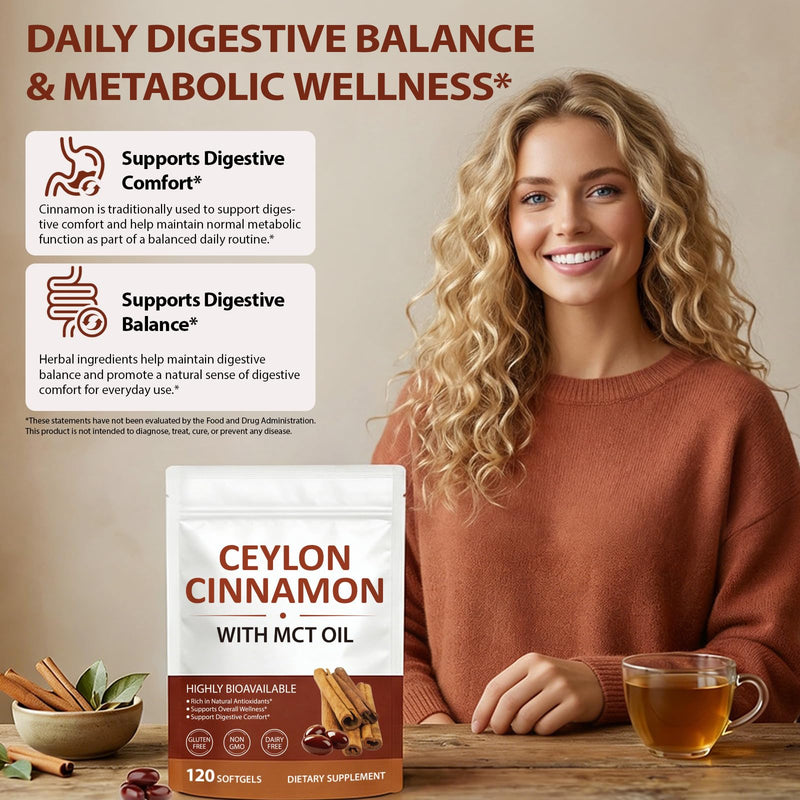 Ceylon Cinnamon Softgels with MCT Oil – 600mg Cinnamomum Verum Extract, High Absorption Formula for Daily Wellness Support – Antioxidant & Digestive Comfort – Non-GMO, Gluten-Free – 120 Softgels