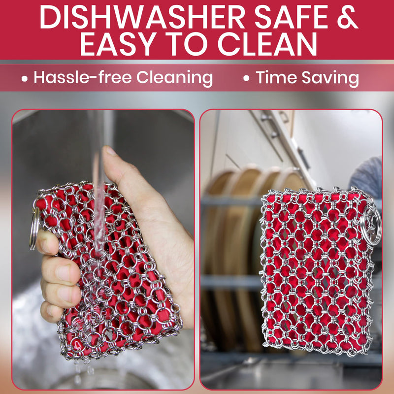 [Australia] - Cast Iron Scrubber with Bamboo Towel - 316 Cast Iron Cleaner Scrubber with Silicone Insert - Cast Iron Chainmail Scrubber for Cast Iron Pans - Cast Iron Skillet Scrubber for Cast Iron Cookware Red CIS with Towel 