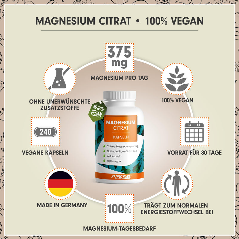 [Australia] - Magnesium citrate capsules 240x with 375 mg magnesium made from high-quality magnesium citrate - optimally high dose & bioavailable - laboratory tested with certificate - 100% vegan - supply for 80 days 1x 240 capsules 