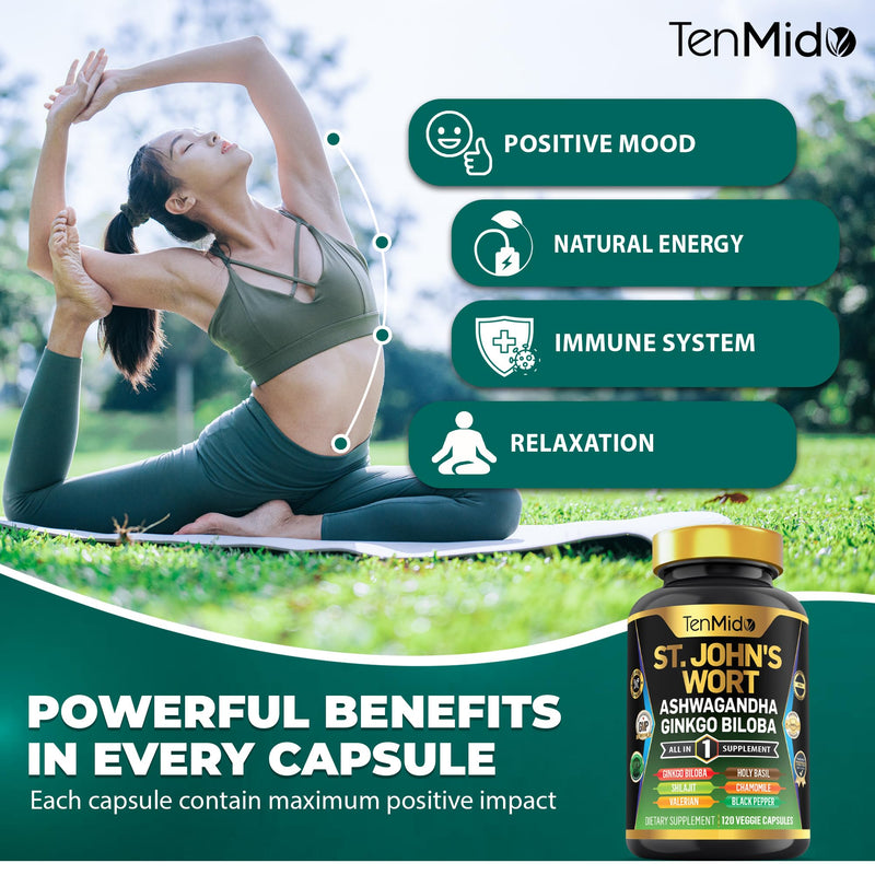 [Australia] - St.John's Wort Supplement - 8in1 Formula - Combine with Ashwagandha, Ginkgo Biloba, Shilajit, Valerian, Holy Basil, Chamomile, and Black Pepper - 120 Vegan Capsules for 4 Months Supply 