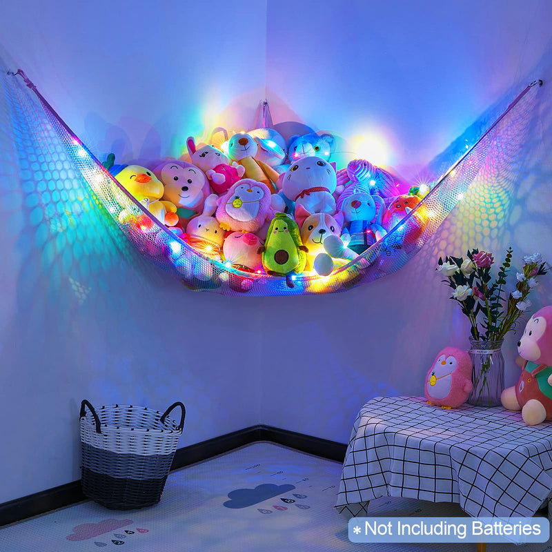 [Australia] - Basumee Stuffed Animals Net or Hammock with LED Light Hanging Toy Net Hammock for Stuffed Animals Storage Stuff Animals Hammocks for Nursery Kids Room with Remote Control, 8 Kinds of Lights(Pack of 1) Blue and Purple 51'' x 51" x 71" (Pack of 1) 