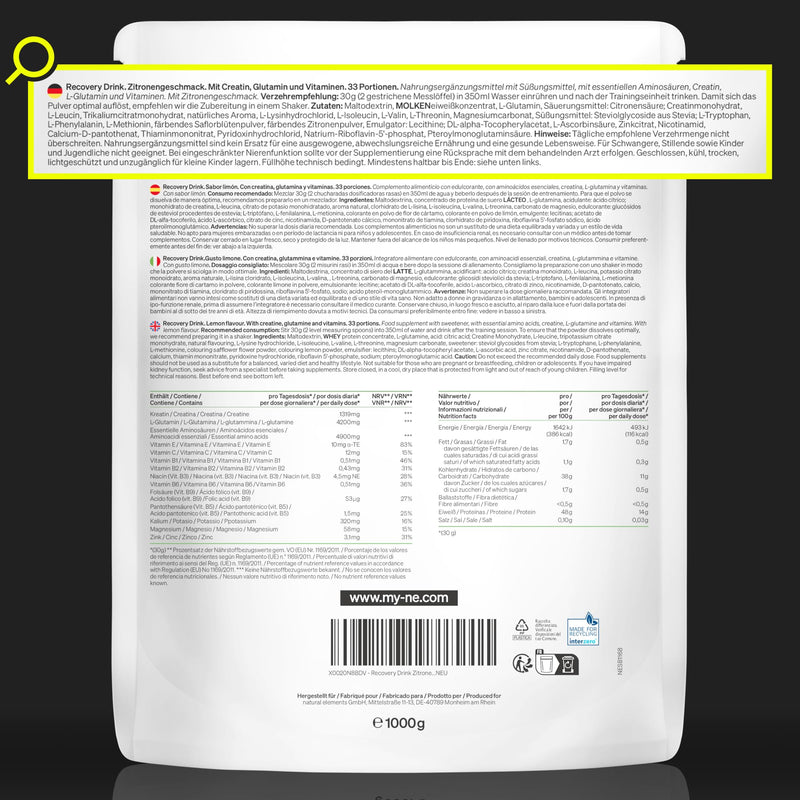 [Australia] - Recovery Drink Lemon - 1000g - regeneration drink with maltodextrin, whey protein, creatine, EAAs, L-glutamine, vitamins and minerals - magnesium and zinc - produced in Germany 
