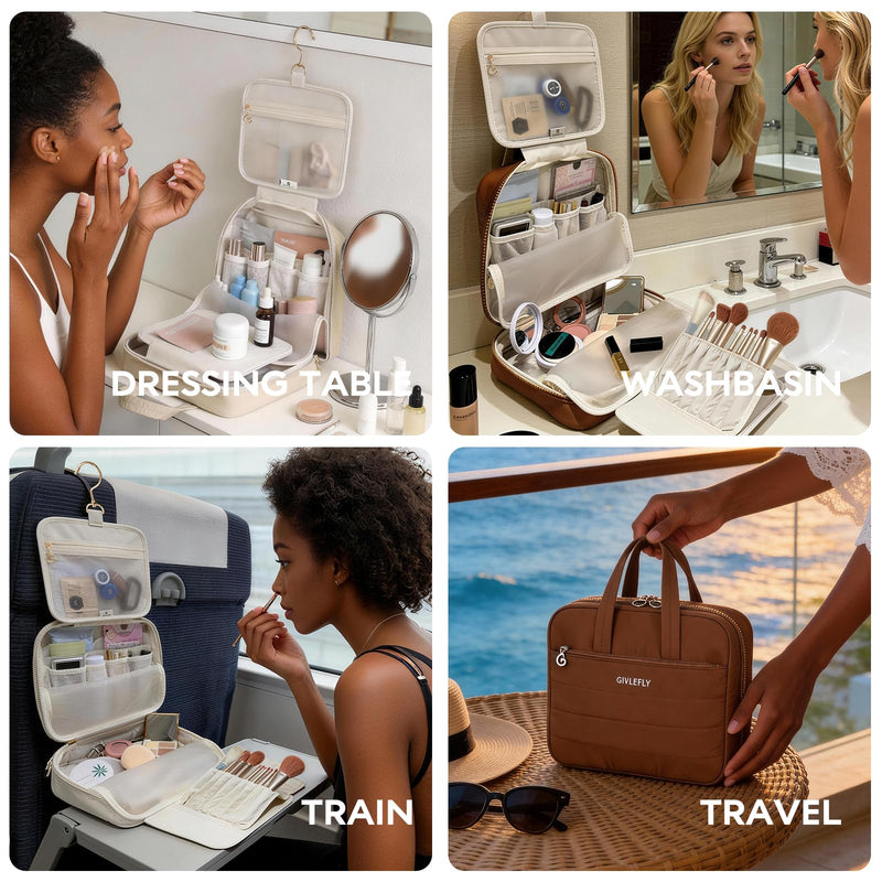 GIVLEFLY Luxury Hanging Makeup Bag for Women, Large 4-Layer Foldable Waterproof Cosmetic & Skincare Organizer with Handle, Fits Suitcase & Train Seat for Travel（brown） Brown