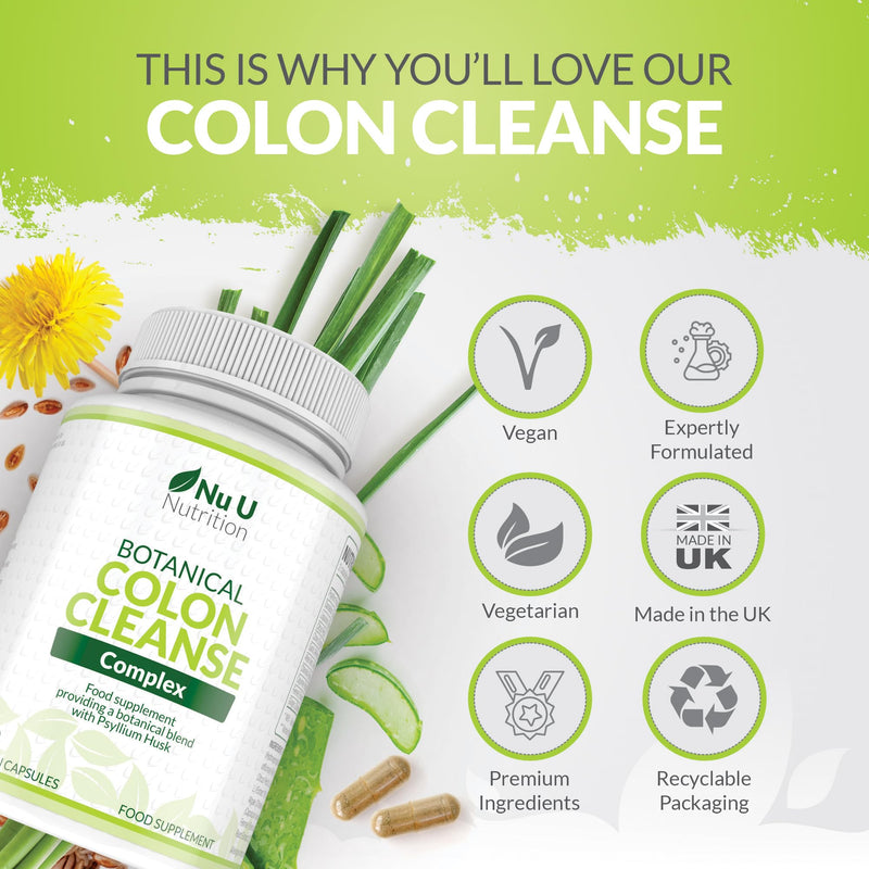 Colon Cleanse Detox Complex - 90 Vegan Capsules - 11 Prebiotic, Fibre & Herbal Ingredients - Psyllium Husk, Aloe, Dandelion & More - Made in the UK - Nu U Nutrition
