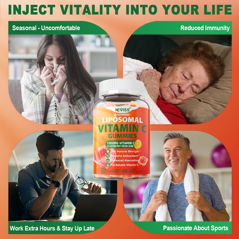 Liposomal Vitamin C 1000mg Gummies for Adults - Vitamin C Chewable with Elderberry, Zinc & 8mg Iron, Sugar Free Vit C Supplements, Daily Immune Support Gummies for Energy, Collagen Booster, 120 Counts 60 Count (Pack of 2)