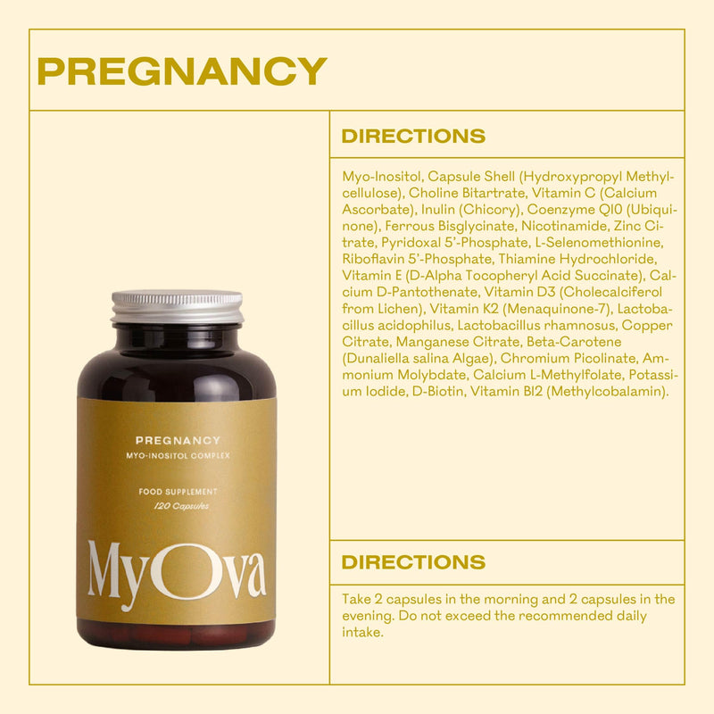 MyOva Pregnancy - Prenatal Myo-inositol Complex, PCOS Supplement - 2000mg Myo-Inositol, 400ug Folate & 15mg Iron and 25ug Vitamin D3-24 Essential Pregnancy Vitamins - 120 Vegan Capsules - UK Made