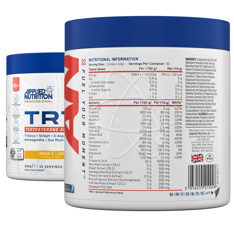 Applied Nutrition TRT for Men Over 40 | Zinc, Magnesium, D-Aspartic Acid, Maca, Ashwagandha & Sea Moss | Informed Sport – Lemon & Lime (300g – 30 Servings) 30 Servings (Pack of 1)