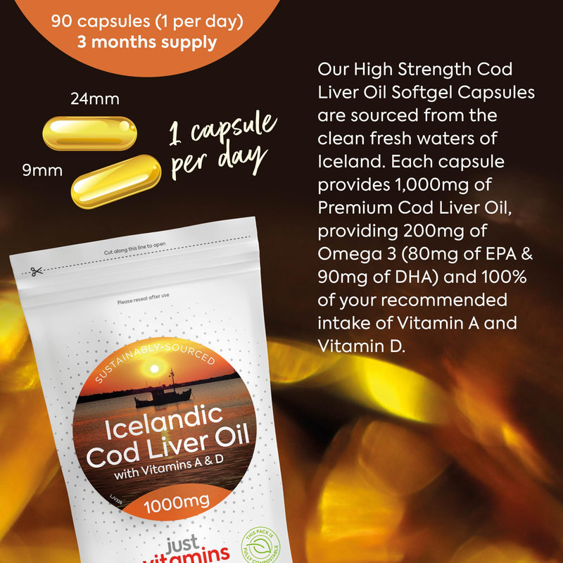 Icelandic Cod Liver Oil 1000mg | 90 Premium Softgels | High Strength Omega 3 with Vitamins A & D | Supports Heart, Brain & Eye Health | UK Made - Just Vitamins