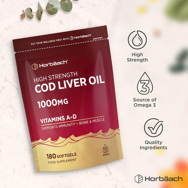 Cod Liver Oil Capsules High Strength 1000mg | 180 Softgels (6 Months Supply) | with Omega 3 Fatty Acids with Vitamin A and D + DHA & EPA | Formula for Adults | By Horbaach