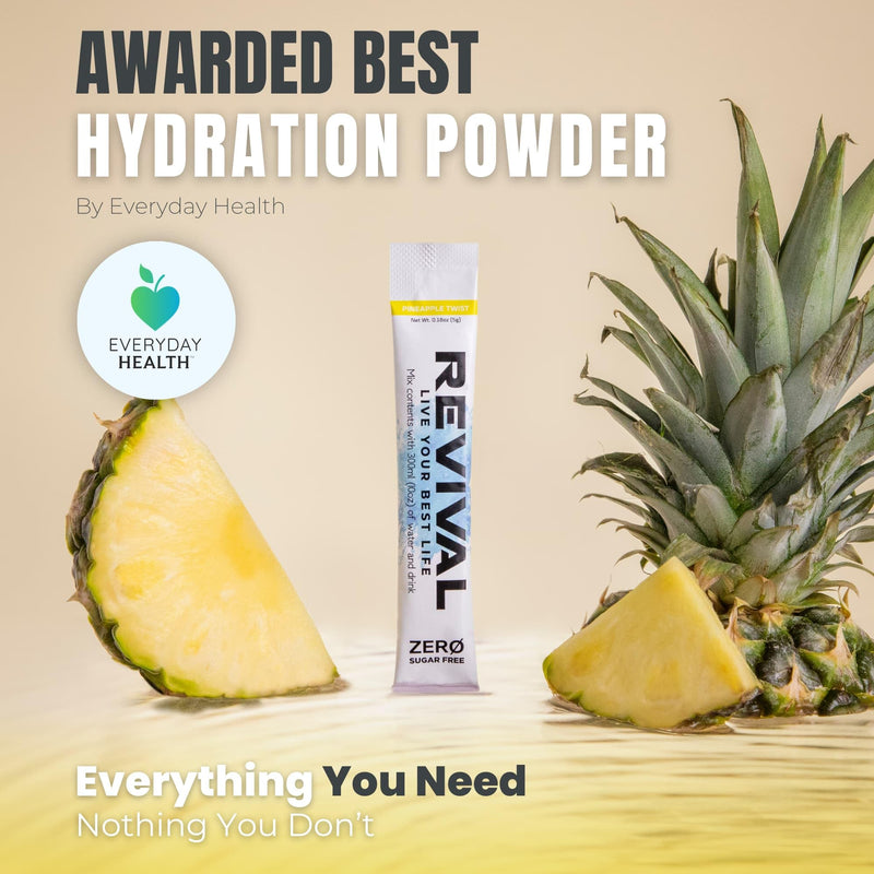 Revival Zero Rehydration Electrolytes Powder - Sugar Free Hydration Sachet Drink with Vitamins C, B1, B3, B5, B12-14 Pack Pineapple Twist 14 Servings (Pack of 1)