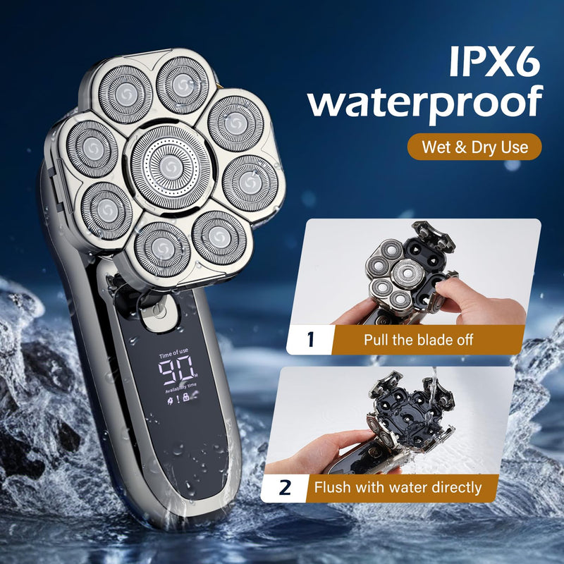 [Australia] - 9 Floating Heads Detachable Head Shavers,6 in 1 Electric Razor IPX6 Waterproof for Bald Men, Wet Dry Mens Grooming Kit,LED Display Rechargeable 9D Rotary Shaver Grooming Kit with Type-C Charge 