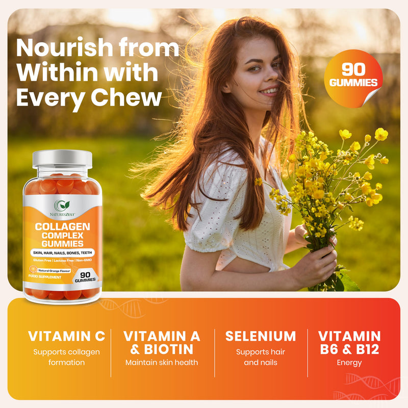 Collagen Complex 500mg - 90 Chewable Gummies | Collagen Gummies with Biotin, Vitamin C & E | Supports Hair, Skin & Nails for Women & Men | Gluten Free, Non-GMO | Natural Orange Flavour