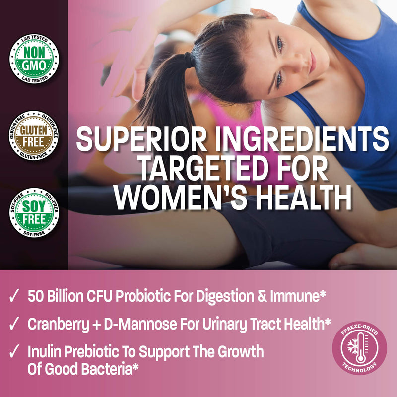 [Australia] - Bronson Women's Probiotic 50 Billion CFU + Prebiotic with Cranberry & D-Mannose – Vaginal Health, Healthy Digestion, Immune Function and Urinary Tract Support, NON-GMO, 60 Vegetarian Capsules 60 Count (Pack of 1) 
