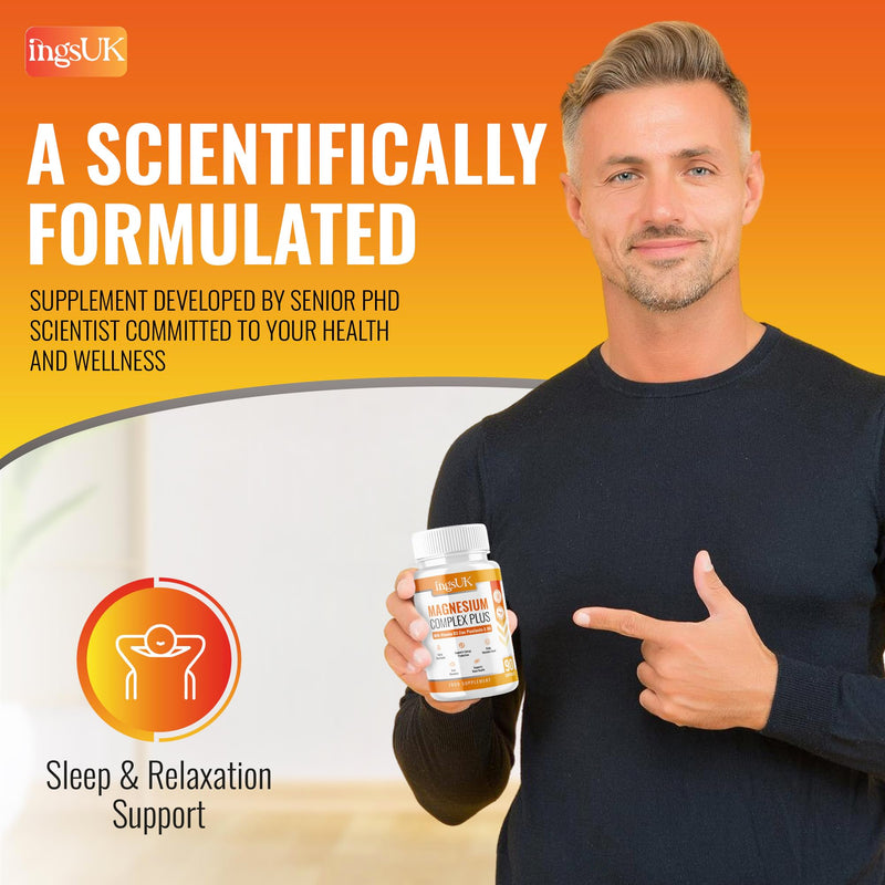 Magnesium Complex Plus | Bisglycinate-Glycinate, Malate, Citrate, High Strength Capsules with Zinc Picolinate, Vitamin D3, B6 Pyridoxine | 90 Capsules, 375mg Elemental Magnesium Supplements | IngsUK