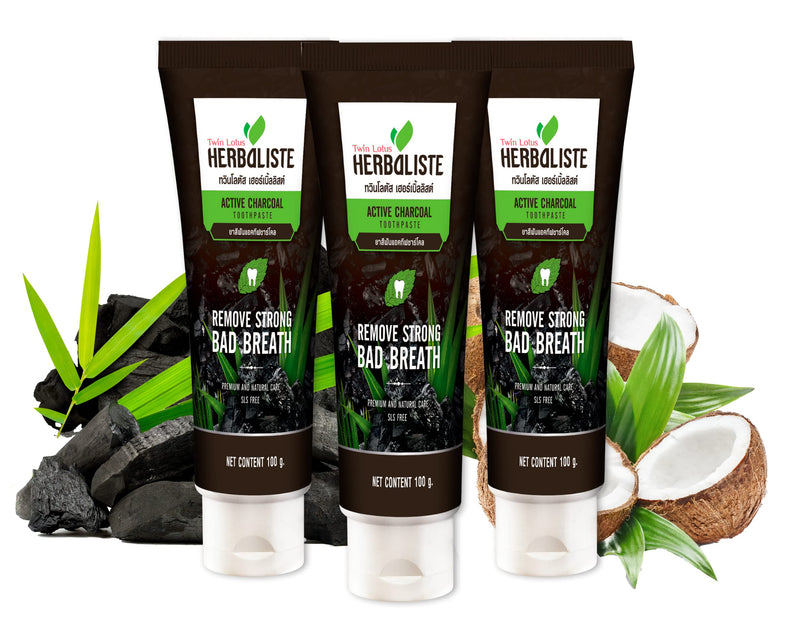 Twin Lotus Activated Charcoal Toothpaste - Teeth Whitening Herbal, Fluoride Free & No SLS for Sensitive Teeth, Coconut Charcoal Toothpaste Remove Plaque Freshen Breath 3.5 Ounce (Pack of 3)