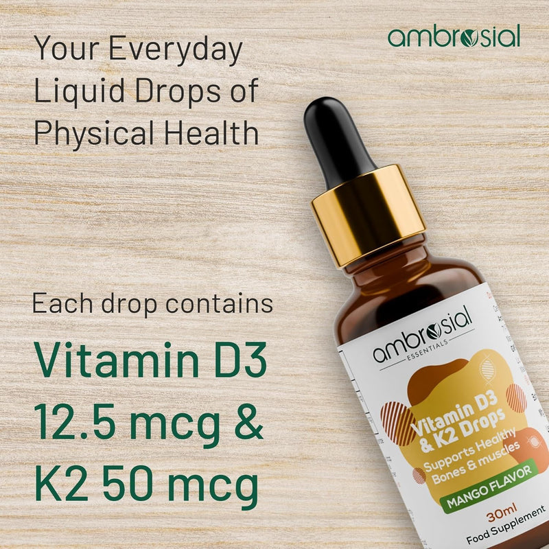 Ambrosial Vitamin D3 + K2 Drops – High Strength Liquid Supplement for Adults & Kids – 500 IU Vitamin D3 + 50 mcg Vitamin K2 – Mango Flavour, Gluten Free, Non-GMO, Easy-to-Take Vitamin D Liquid – 30 ml 30 ml (Pack of 1)