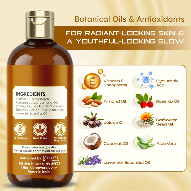 Vitamin E, Hyaluronic Acid & Almond Oil Face & Body Oil – Hydrate, Restore & Glow, Moisturizes Skin, Reduces Scars & Stretch Marks, Enhances Elasticity, 100ml | 3.4 fl. oz. 100ml (pack of 1)