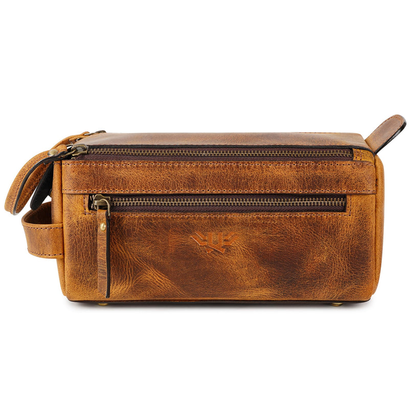 Premium Handmade Genuine Leather Toiletry Bag for Men & Women, Dopp Kit & Shaving Travel Organizer, Cosmetic Wash Bag with Zipper Pocket Travel Pouch, Gift for Him & Her - Tan Brown Tan (Large)