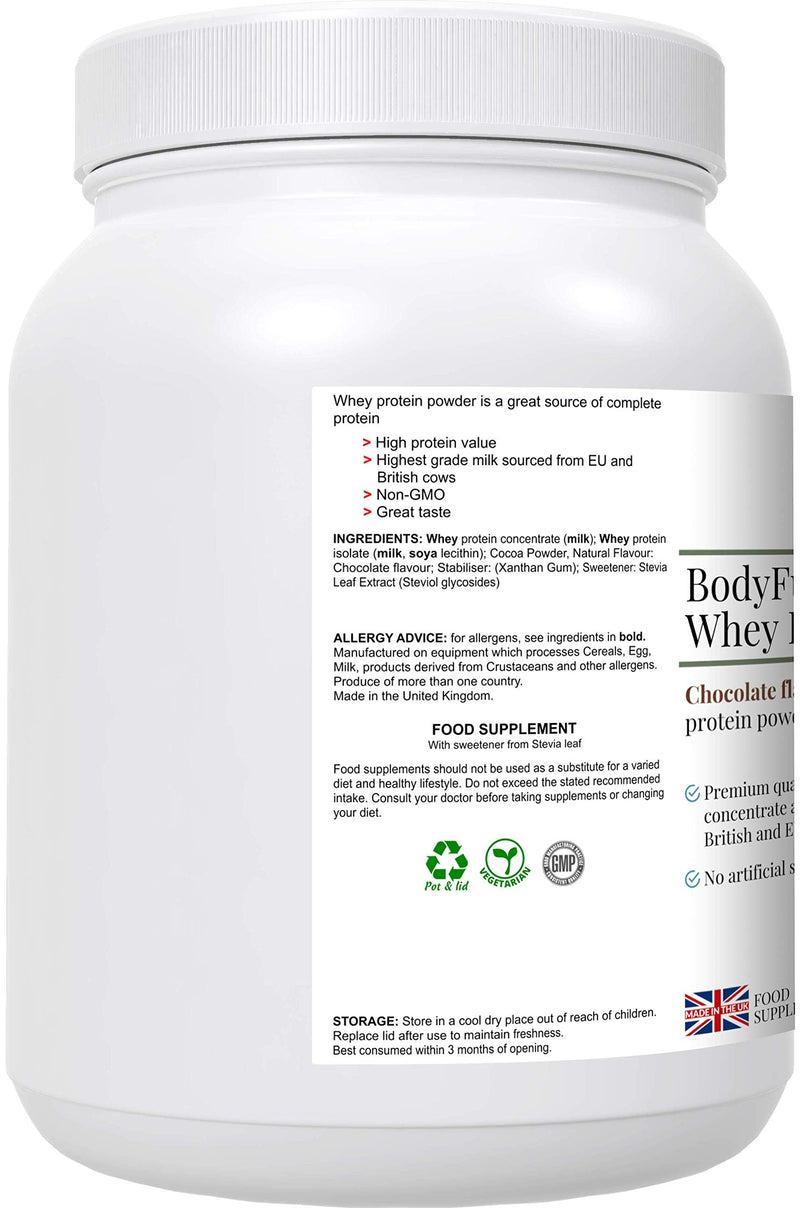 BodyFuel Whey Protein Isolate & Concentrate Chocolate Flavour – NO Artificial Sweeteners - NO GMOs -Vegetarian, 600g powder