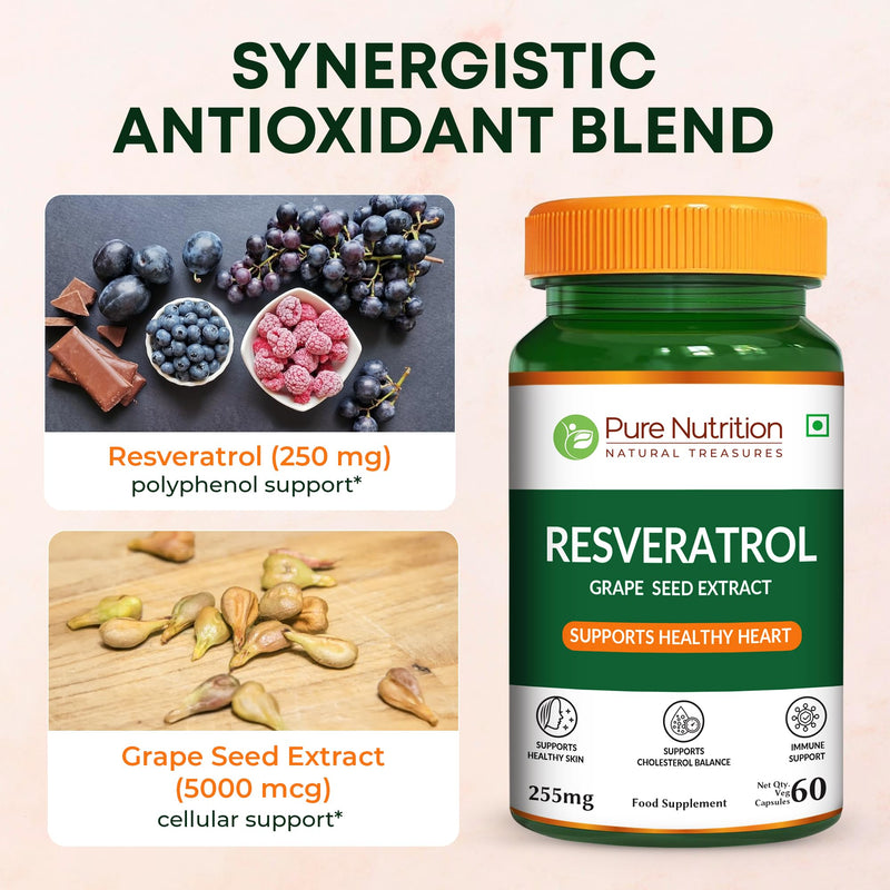 Pure Nutrition Resveratrol 250mg with Grape Seed Extract 5000mcg | 60 Caps | Powerful Antioxidant for a Healthy Heart Function | Non-GMO