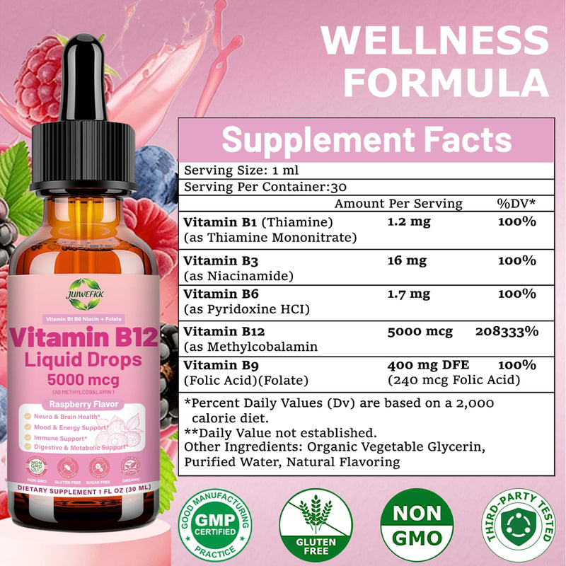 Liquid Vitamin B12 Drops 5000 mcg - Extra Strength B12 Methylcobalamin | with B1 B6 B3 Folate Niacin -Fast Absorption Sublingual B-12 Drops for Energy Metabolism & Brain Function, Vegan B Complex Raspberry 1 Fl Oz (Pack of 1)