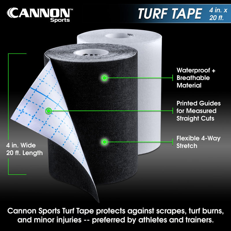 Cannon Sports Premium Turf Tape Football – 4 Inch by 20 Feet - Flexible, Breathable, Extra-Wide, Waterproof Athletic Tape – Football Tape for Turf Burn Protection (Black) Black