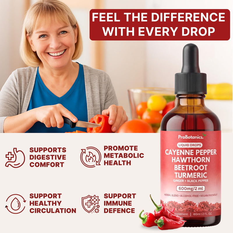 Cayenne Pepper Drops Liquid Extract Supplement | Hawthorn Berry, Turmeric Curcumin, Beet Root, Ginger, Black Pepper for Circulation, Energy and Digestive Health | Alcohol-Free - 60ml